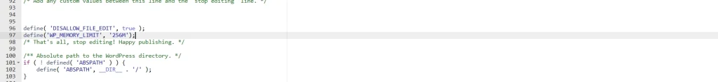 WordPress wp-config.php code showing WP_MEMORY_LIMIT set to 256M for performance