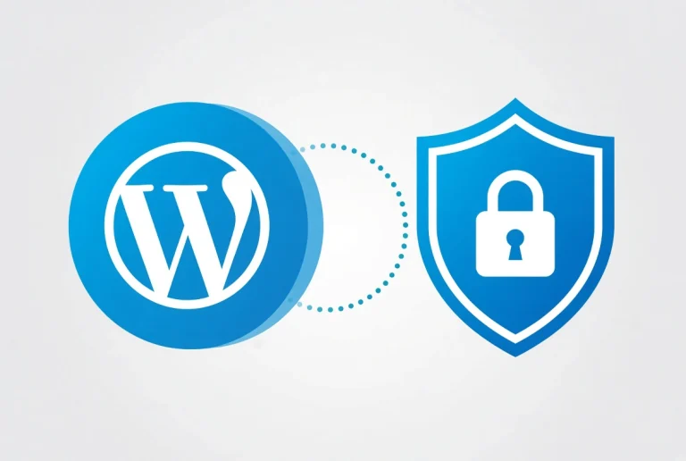 WordPress logo with blue security shield and padlock for website protection