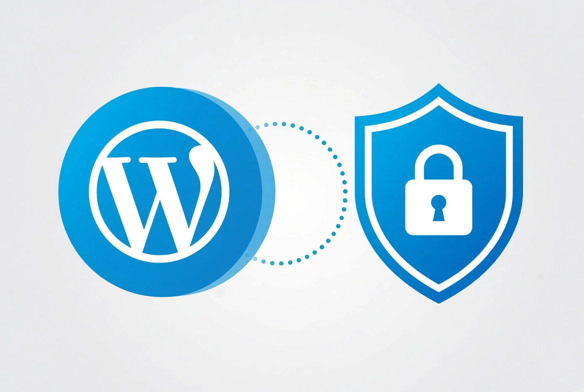 WordPress logo with blue security shield and padlock for website protection