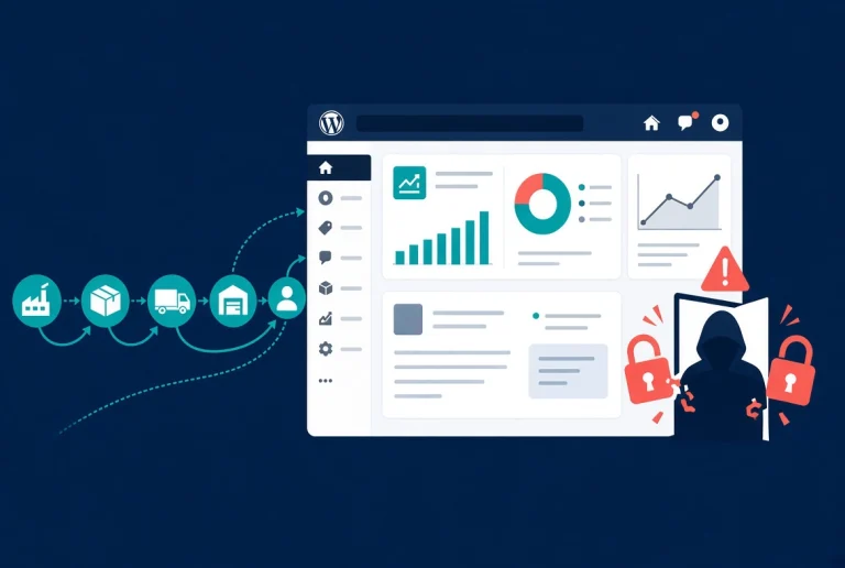 Flat vector illustration of WordPress admin panel linked to supply chain nodes with rogue access icons