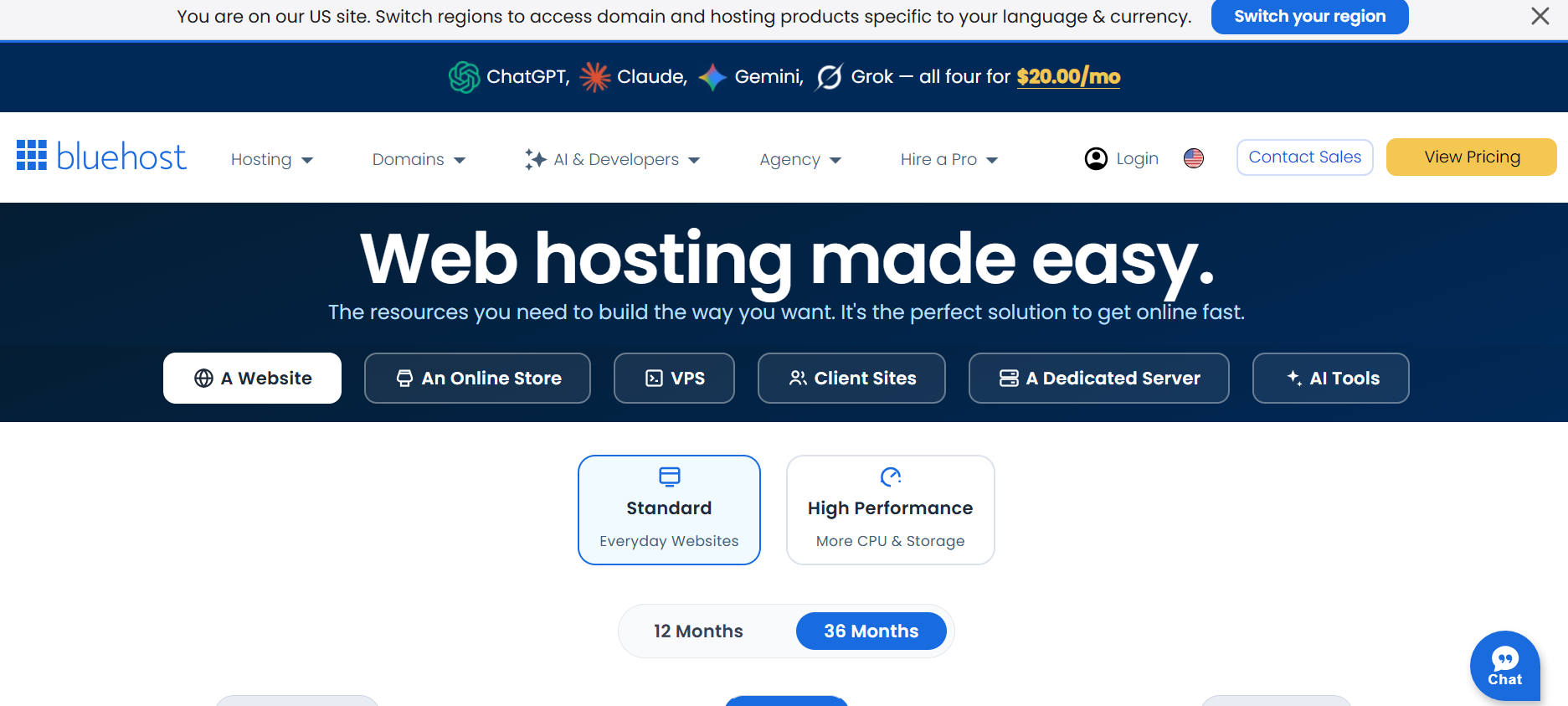 Bluehost web hosting page showing Standard and High Performance options