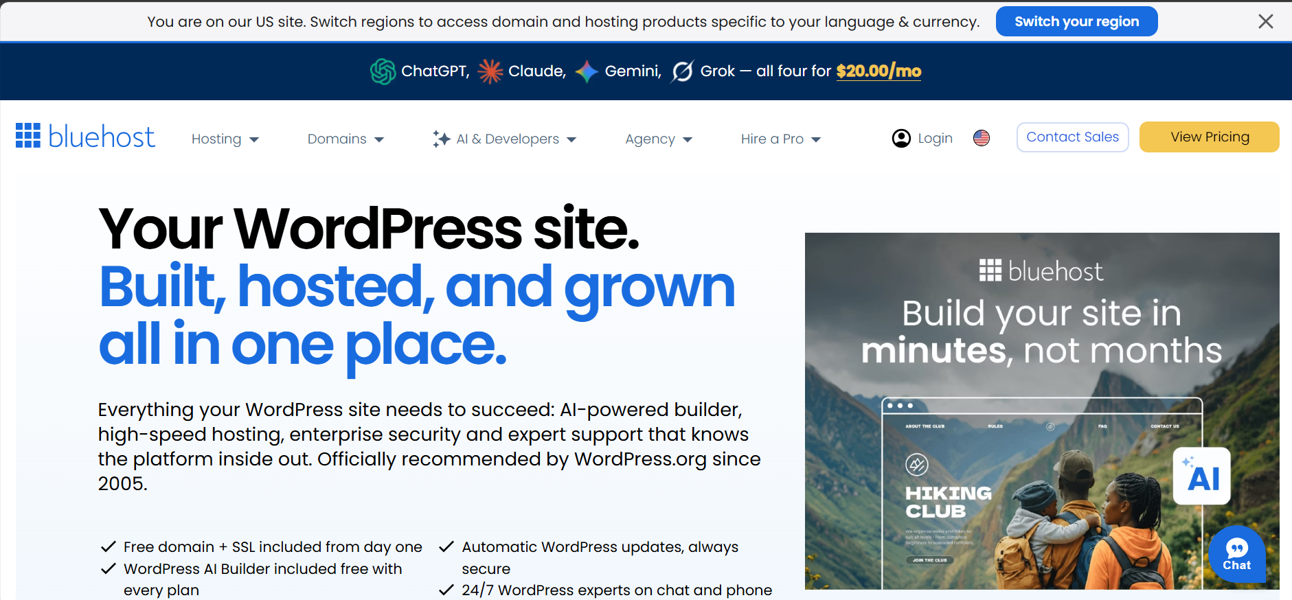 Bluehost WordPress hosting page showing its website builder, hosting, security, and support presentation