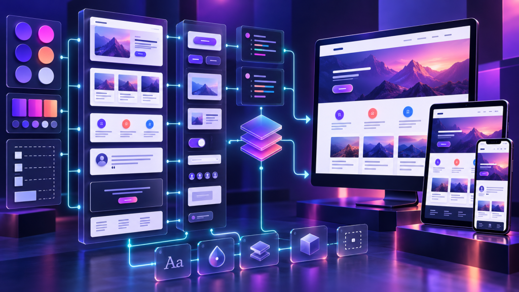 Reusable components, style tokens, and responsive website layouts connected in a design system