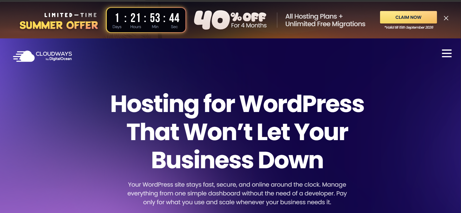 Cloudways WordPress hosting page describing managed cloud hosting and scalable usage-based plans