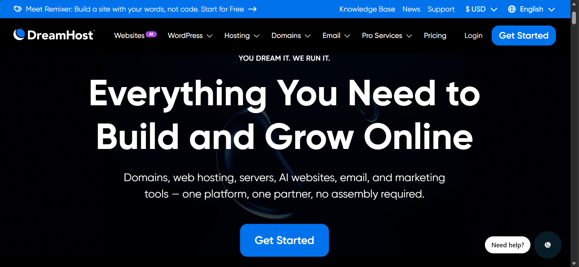 DreamHost hosting homepage with a Get Started call to action