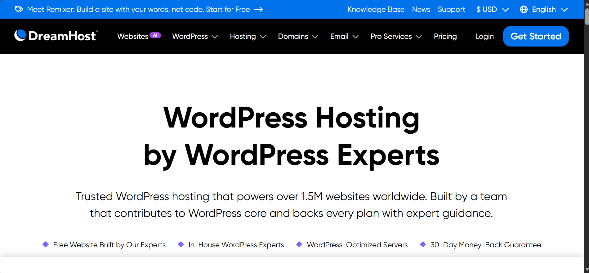 DreamHost WordPress hosting page describing WordPress-optimized servers, expert guidance, and plan benefits