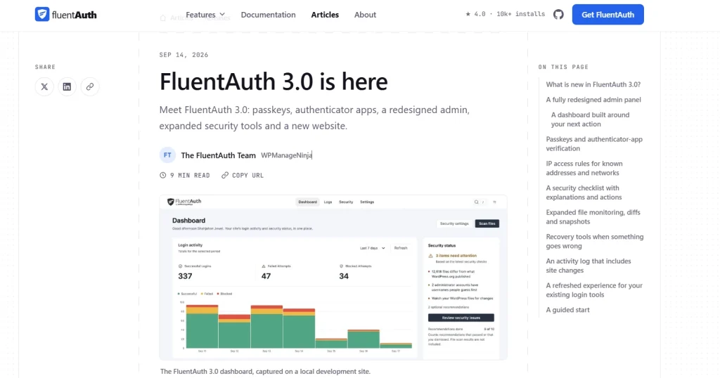 FluentAuth 3.0 announcement page showing redesigned dashboard with login activity charts
