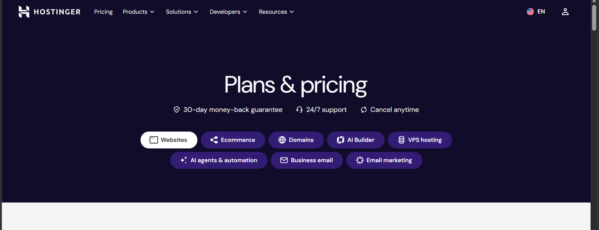 Hostinger plans and pricing page showing hosting categories