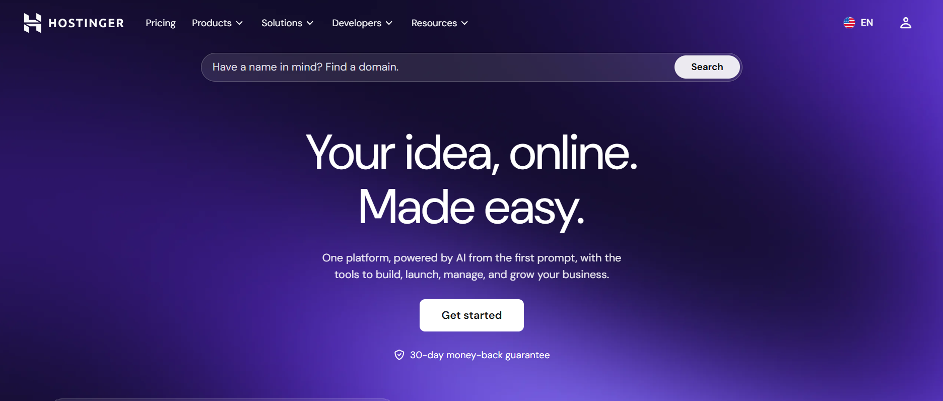 Hostinger WordPress hosting page showing its purple website-hosting interface and money-back guarantee