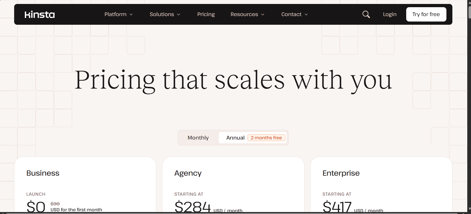 Kinsta pricing page showing Business, Agency, and Enterprise managed WordPress hosting plan categories
