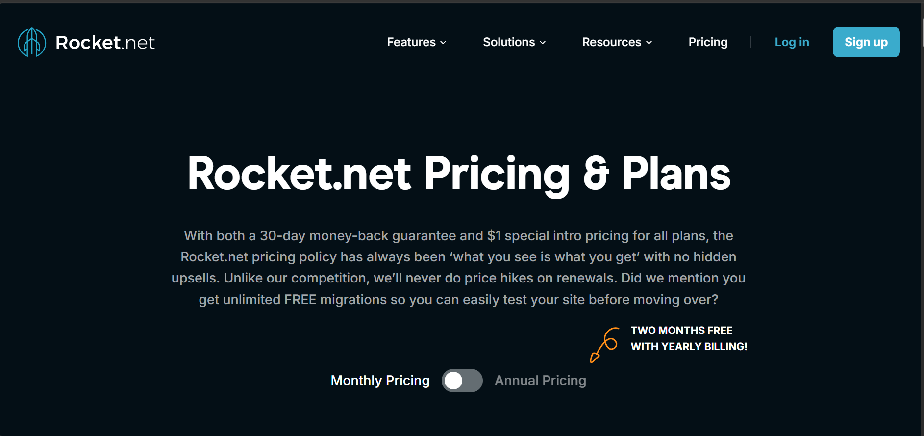 Rocket.net pricing page describing monthly and annual WordPress hosting pricing and renewal policy