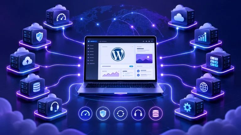 WordPress website dashboard connected to ten hosting servers representing speed, security, backups, support, and scalability