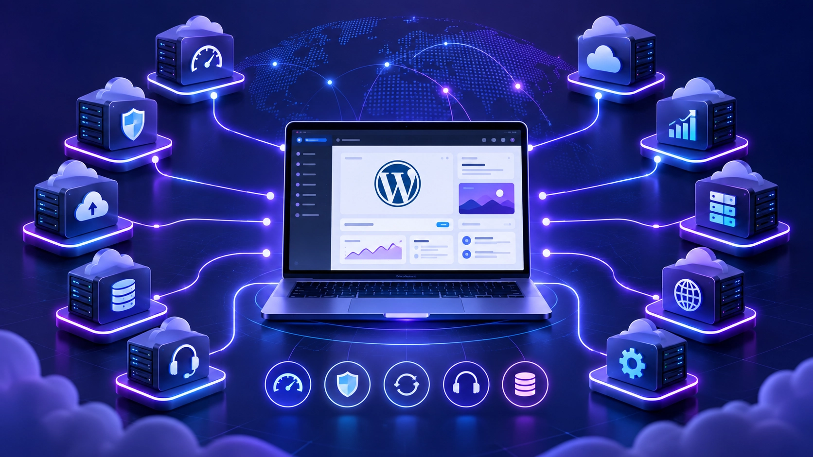 WordPress website dashboard connected to ten hosting servers representing speed, security, backups, support, and scalability