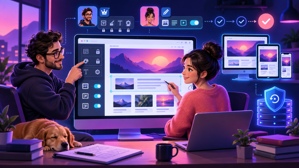 Designer and content editor collaborating with role permissions and responsive previews