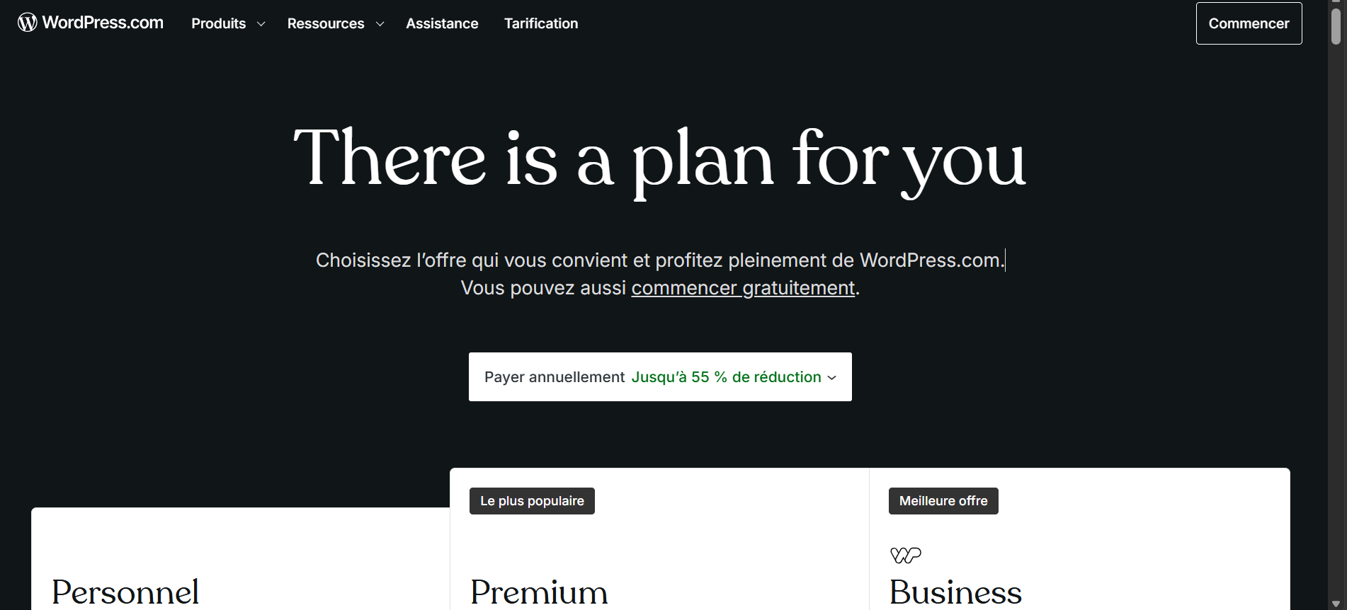 WordPress.com pricing page showing Personal, Premium, and Business hosting plan choices