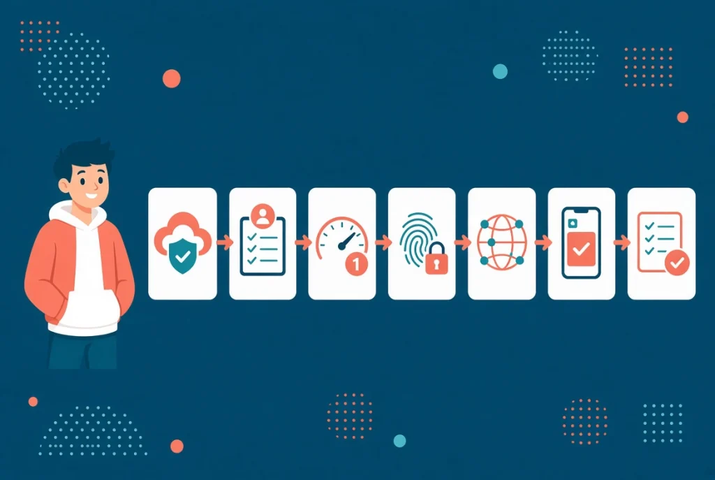 Cartoon beginner beside workflow cards showing WordPress security setup icons and arrows