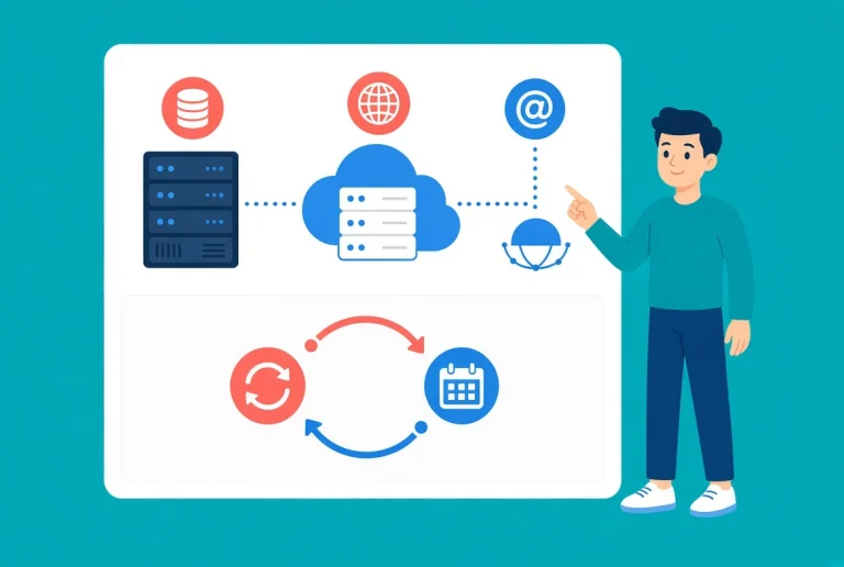 Friendly cartoon person next to white hosting dashboard card with server and renewal icons on teal background