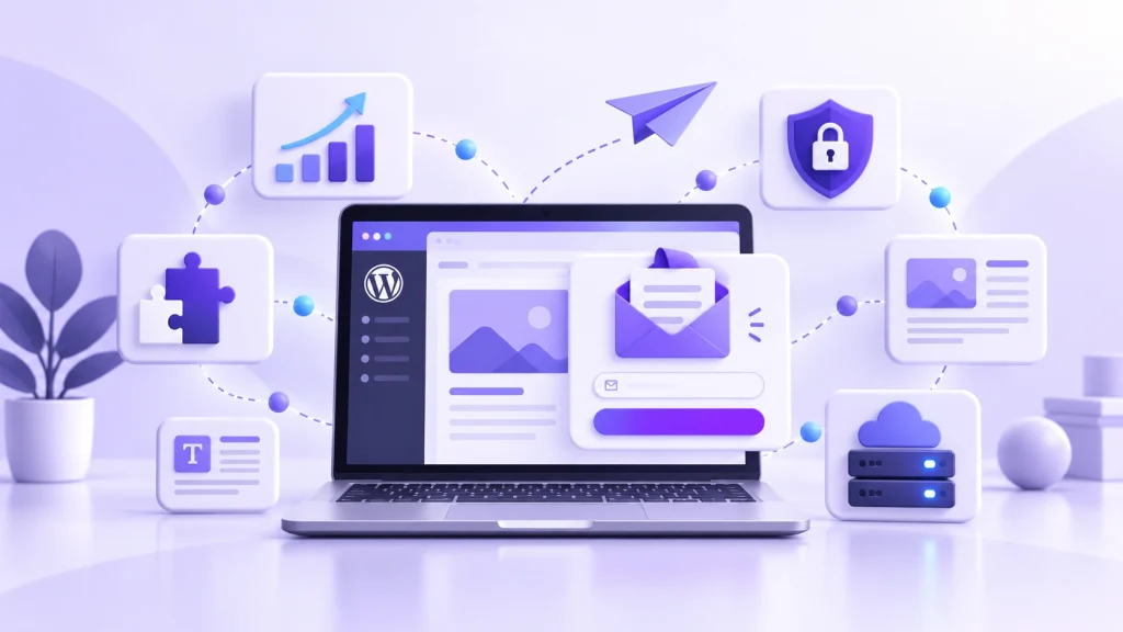 WordPress newsletter illustration with guides, security, hosting, plugins and AI tools