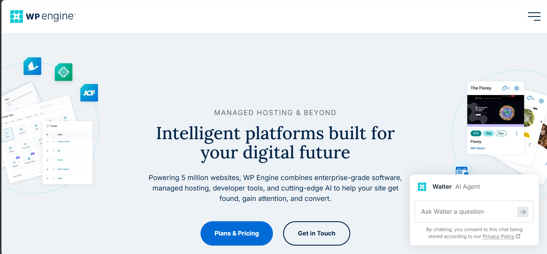 WP Engine managed hosting page showing its platform, developer tools, plans, and AI assistant interface