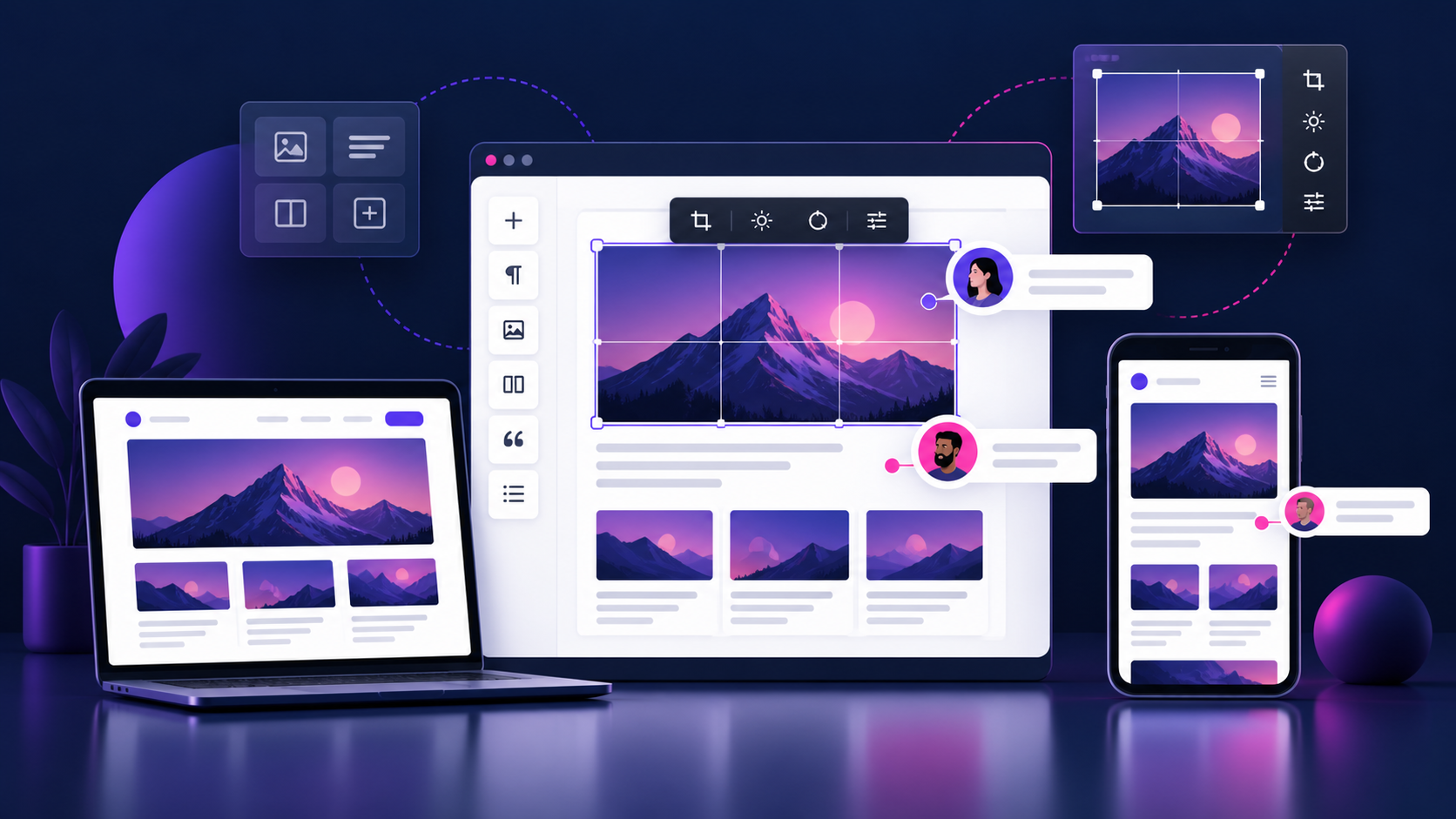 WordPress block editor workflow across desktop tablet and mobile layouts